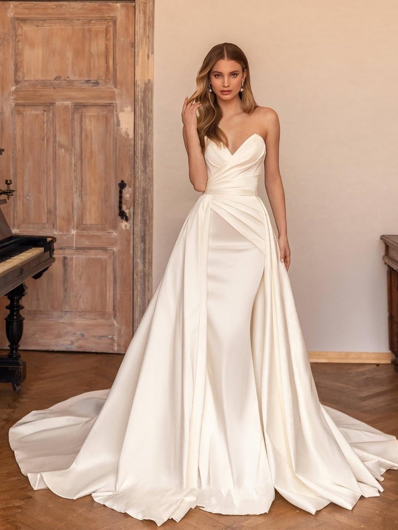 New Two-Wear Hip Satin Tube Dress Detachable Tail Wedding Dress Elegant Temperament Queen Banquet Dress - Image 2